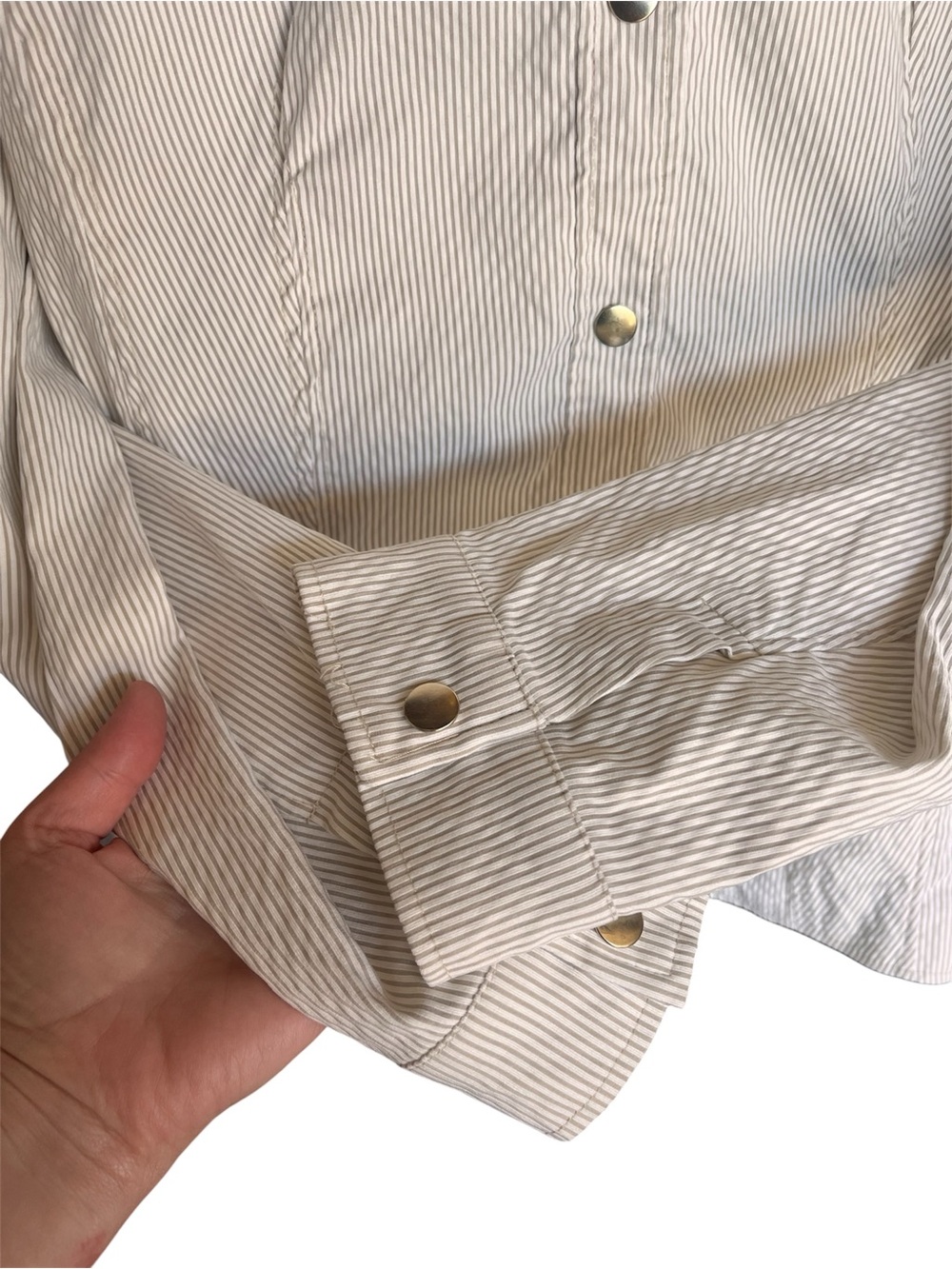 Chico's Cream and Gold Seersucker Button-Front Jacket 3 - Picture 2 of 11